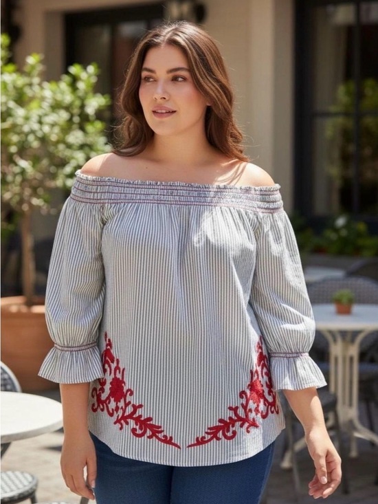 Westport Tops - 🌻 Westport Striped Top with Red Embroidery Medium